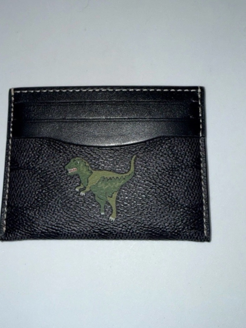Coach Black Leather Card & Key Holder with Green Dino Motif